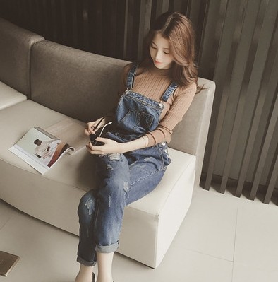 Denim overalls, women's capri pants, loose, youthful and fresh for students, the same style as Harun on Instagram details Picture