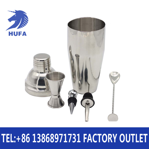 Stainless steel cocktail shaker set, six-piece shaker set, round barrel wooden lid packaging, bar supplies, cocktail mixing utensils, shaker cups, shaker glasses, stainless steel cocktail shaker, bar spoon, measuring cup, stopper details Picture