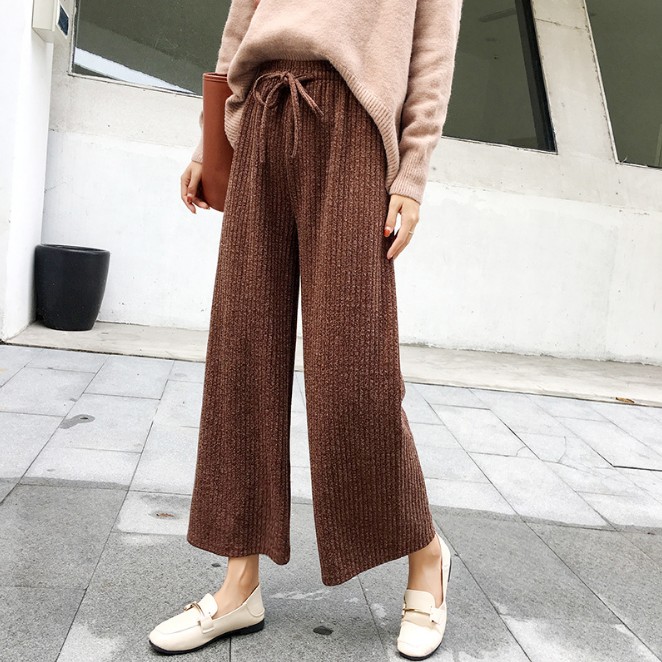 Vertical thread cotton knitted wide-leg pants worn over women's pants are casual, loose and slimming nine-inch pants details Picture