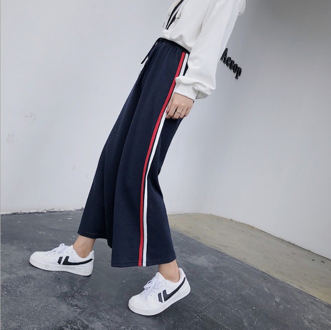 Knitted wide-leg pants for women, high-waisted loose Korean-style double-bar school uniform sportswear pants