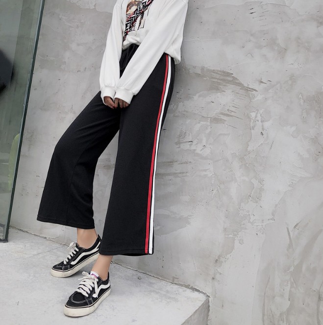 Knitted wide-leg pants for women, high-waisted loose Korean-style double-bar school uniform sportswear pants Specification image