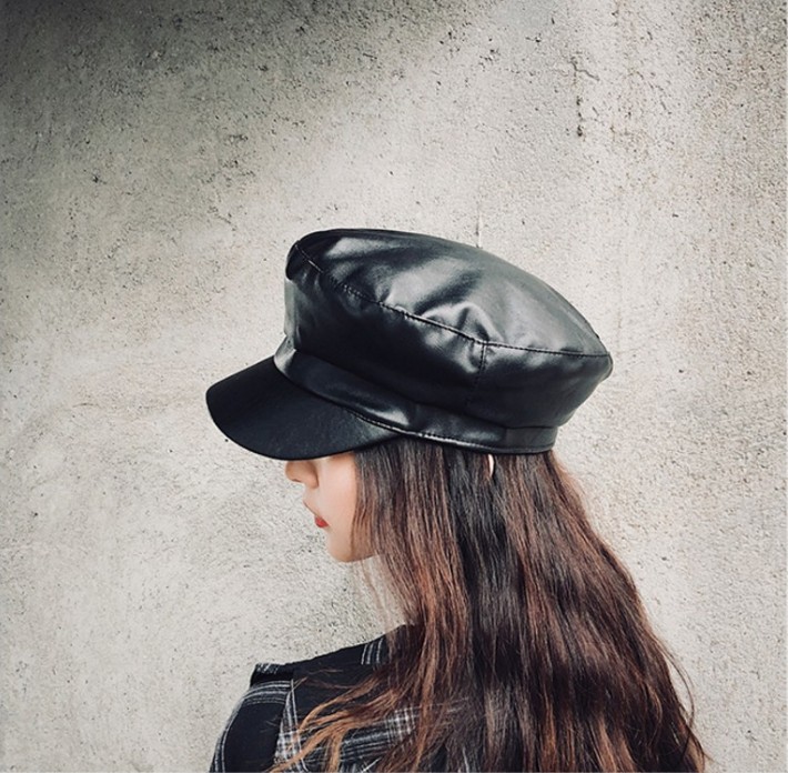 薄款pu皮秋冬韩版百搭黑色鸭舌英伦报童八角帽