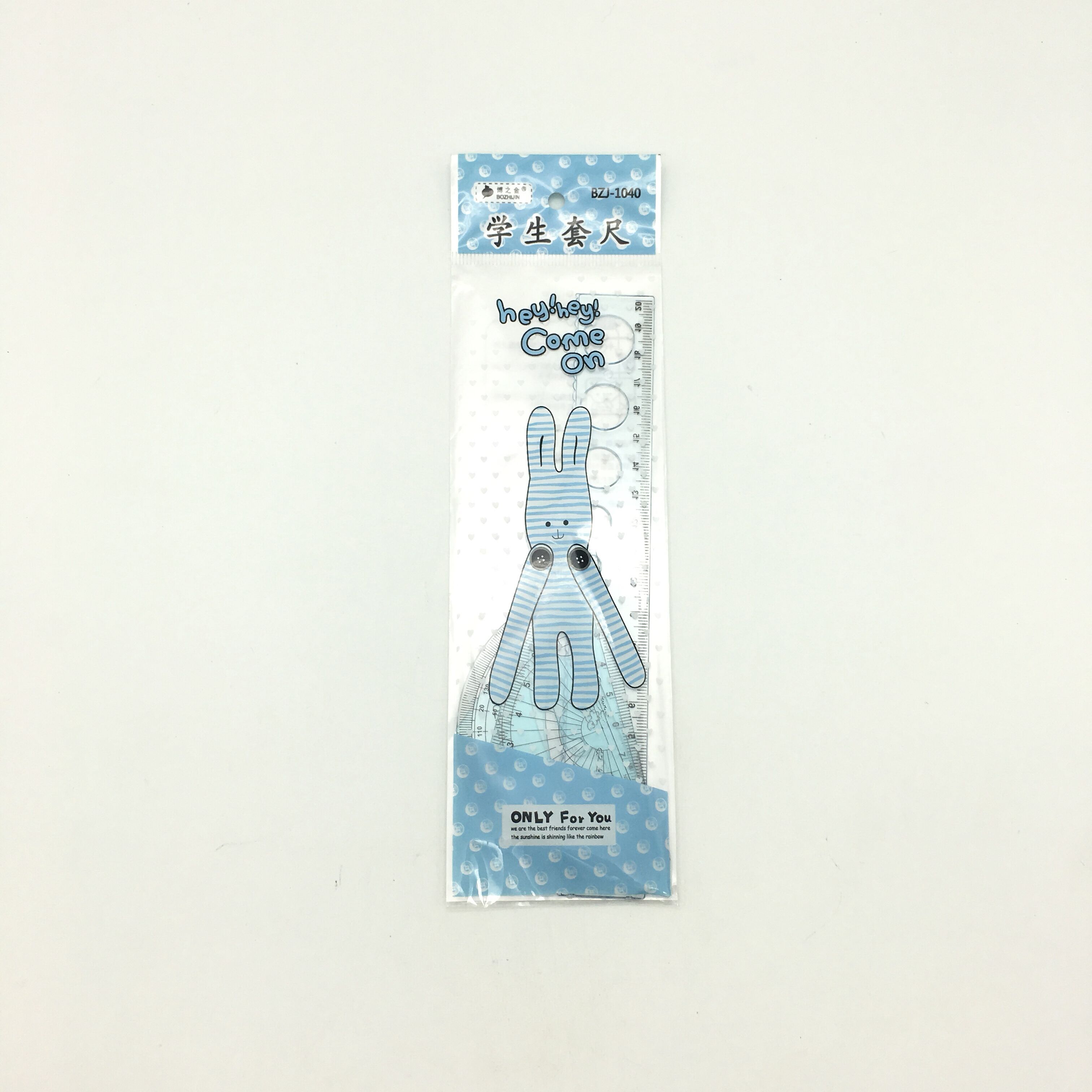 Sunshine Department Store bagged 4-piece student measuring ruler set, including a straight ruler, set square and protractor Specification image