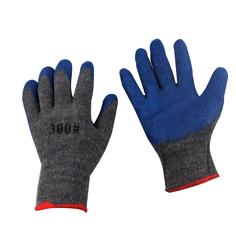 Industrial anti-slip and wear-resistant labor protection gloves, latex flannel impregnated with rubber, wrinkled grey yarn blue gloves