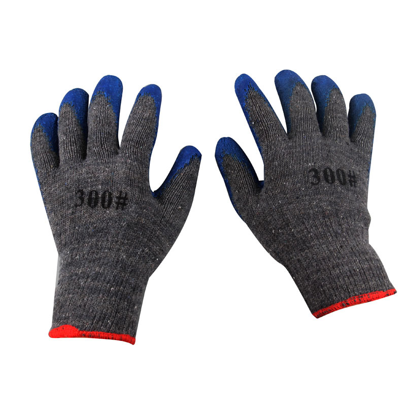 Industrial anti-slip and wear-resistant labor protection gloves, latex flannel impregnated with rubber, wrinkled grey yarn blue gloves details Picture