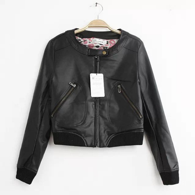 European and American PU leather trendy lapel and zipper short women's leather jacket details Picture