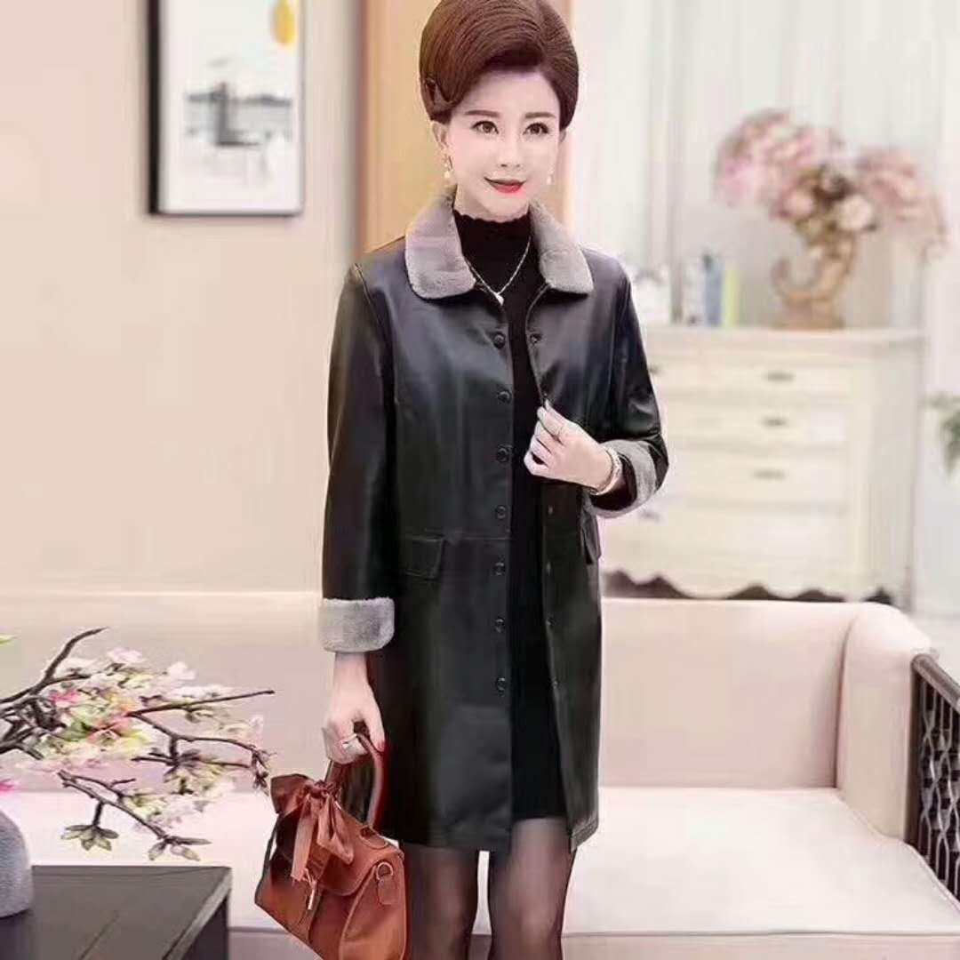 New autumn and winter women's wear Korean-style fur lapel mid-length slim leather jacket for women in PU details Picture