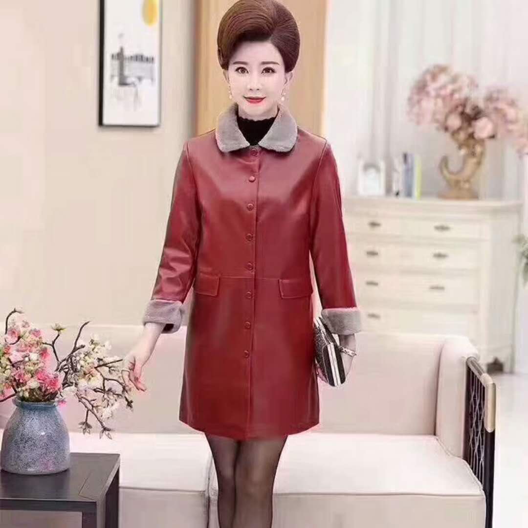 New autumn and winter women's wear Korean-style fur lapel mid-length slim leather jacket for women in PU