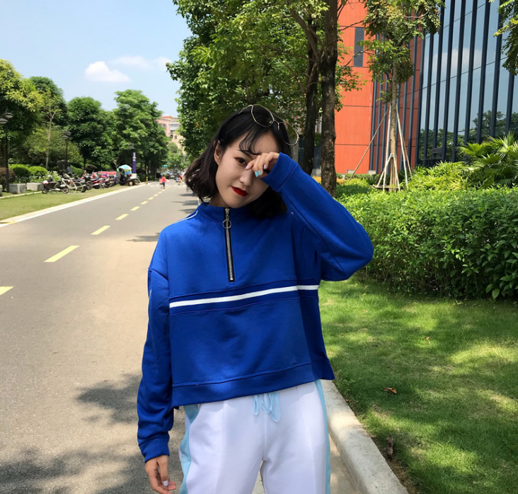 Harajuku style versatile color-blocking short zippered hoodie for women, loose long-sleeved top for students