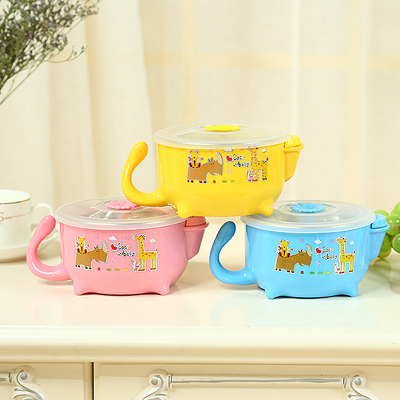 Children's stainless steel waterflood insulation bowl baby tableware cartoon design insulation hot and cold bowl eating rice bowl full figure