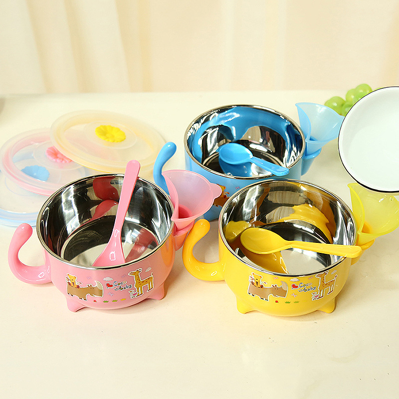 Children's stainless steel waterflood insulation bowl baby tableware cartoon design insulation hot and cold bowl eating rice bowl details Picture