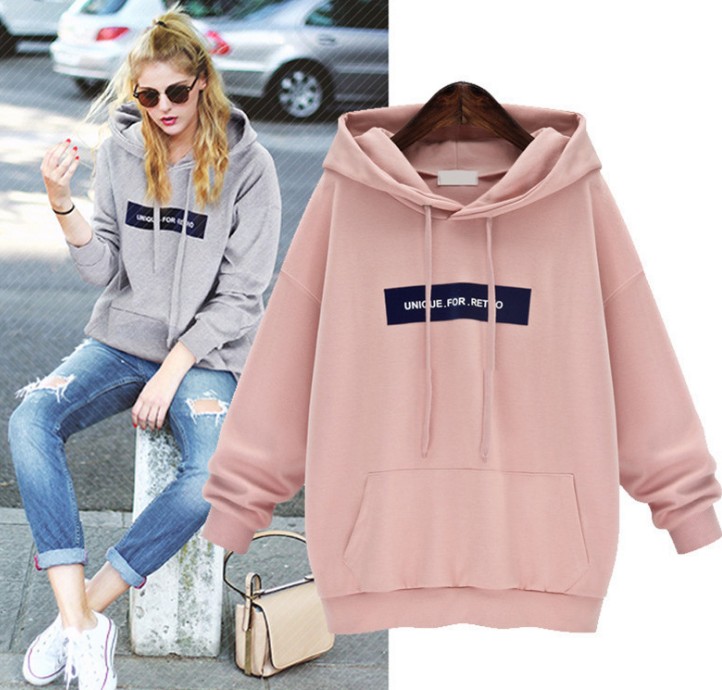 A new large-sized, fleece and thickened hooded sweatshirt for women with loose long-sleeved sleeves details Picture