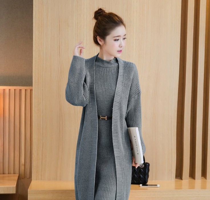 Autumn and winter women's knitwear, two-piece set, sweater, cardigan, jacket, mid-length vest dress Application Scenario