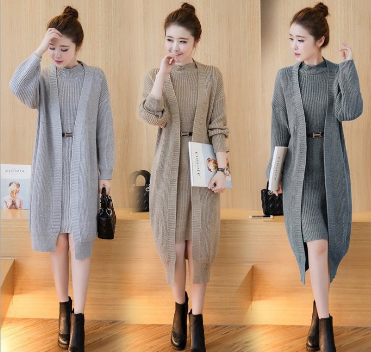 Autumn and winter women's knitwear, two-piece set, sweater, cardigan, jacket, mid-length vest dress