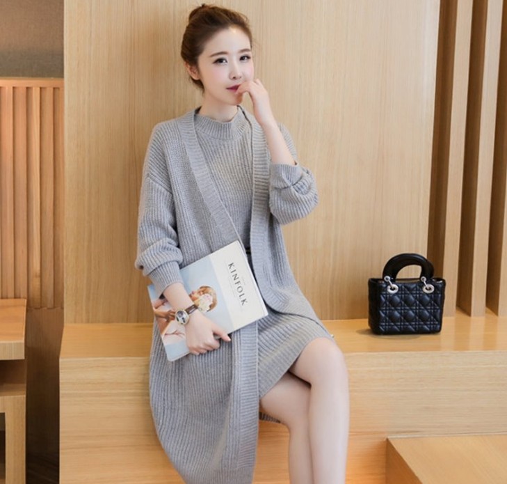 Autumn and winter women's knitwear, two-piece set, sweater, cardigan, jacket, mid-length vest dress Specification image