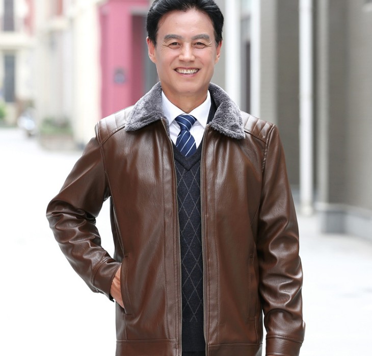 Patterned lapel fleece men's leather jacket, casual coat for middle-aged and elderly men, PU leather jacket Specification image