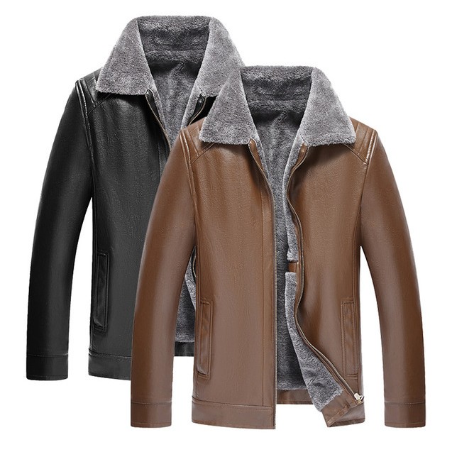 Patterned lapel fleece men's leather jacket, casual coat for middle-aged and elderly men, PU leather jacket