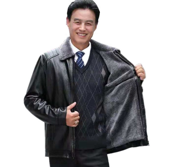Patterned lapel fleece men's leather jacket, casual coat for middle-aged and elderly men, PU leather jacket details Picture