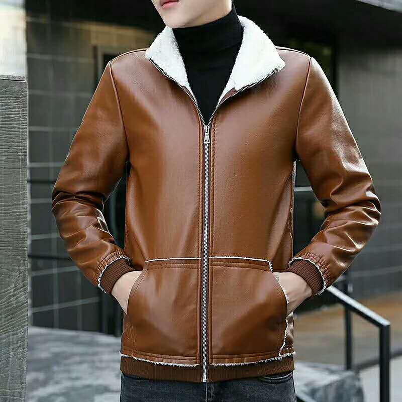 Men in leather jackets, thickened with fleece, motorcycle leather jackets and outerwear, Korean PU leather jackets for young men, trendy Specification image