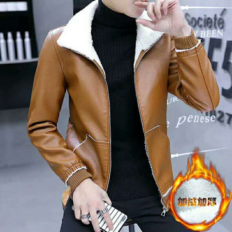 Men in leather jackets, thickened with fleece, motorcycle leather jackets and outerwear, Korean PU leather jackets for young men, trendy details Picture