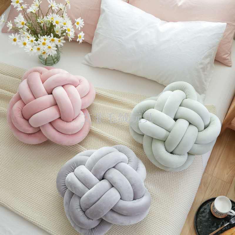 ins explosivo estilo KNOT bola flor tipo nudo cojín cuadrado hecho a mano tejido hogar decoración peluche