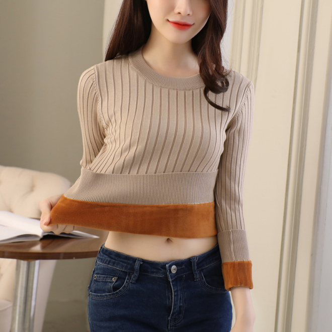 加绒毛衣女加厚圆领打底衫长袖保暖衣服套头针织衫上衣