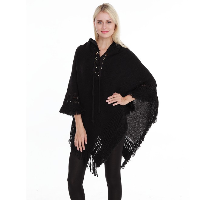 European and American style hooded solid color plus-size women's top, fashionable shawl smock, versatile cape details Picture
