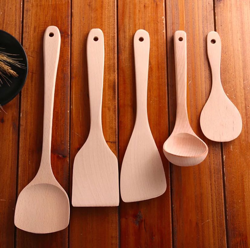Spatula set, natural imported, unpainted and unwaxed beech wood, household long-handled spatula, large soup spoon, rice spoon, square spatula