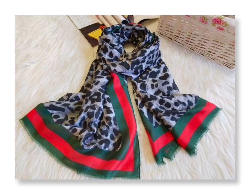 Satin trimmed red striped leopard print scarf