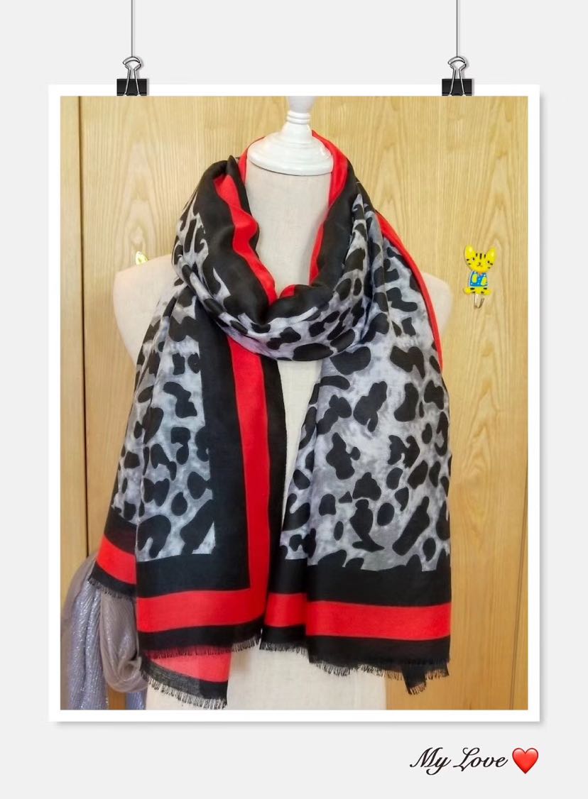 Satin trimmed red striped leopard print scarf details Picture