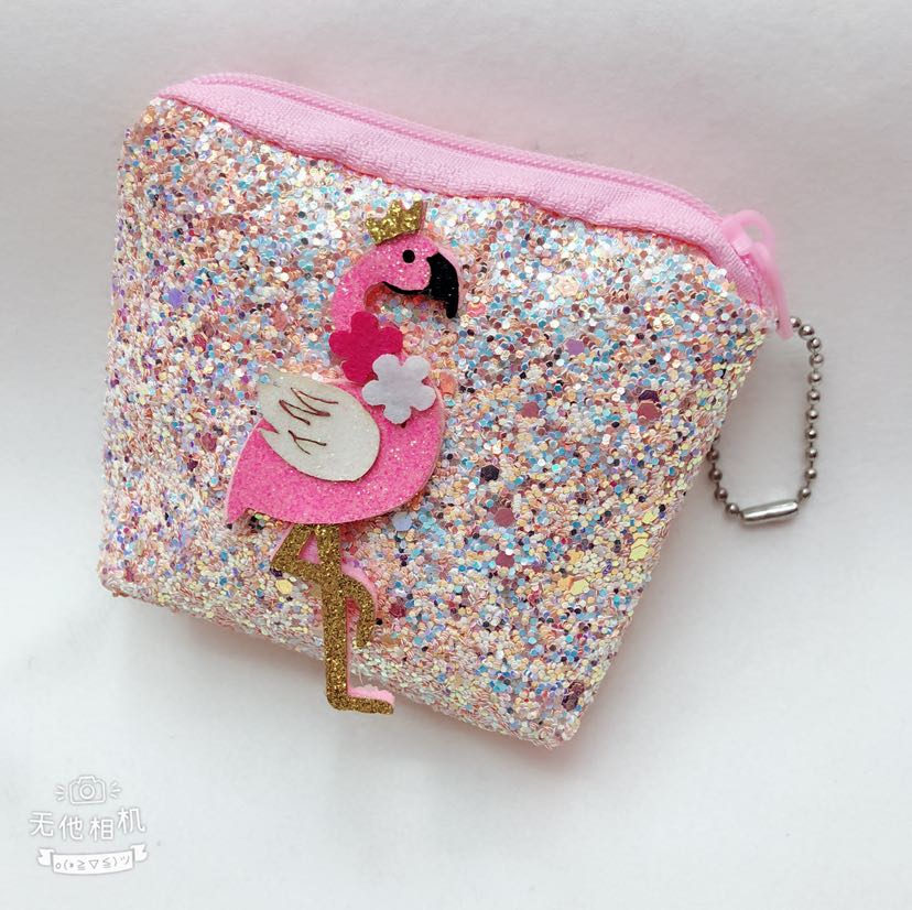 Plush wallet, coin purse, 8cm double-sided bright pink flamingo keychain wallet, diamond pink bag