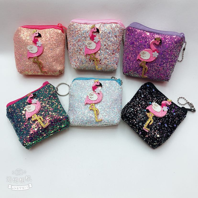 Plush wallet, coin purse, 8cm double-sided bright pink flamingo keychain wallet, diamond pink bag details Picture