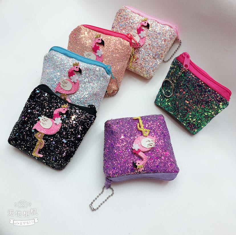 Plush wallet, coin purse, 8cm double-sided bright pink flamingo keychain wallet, diamond pink bag Specification image