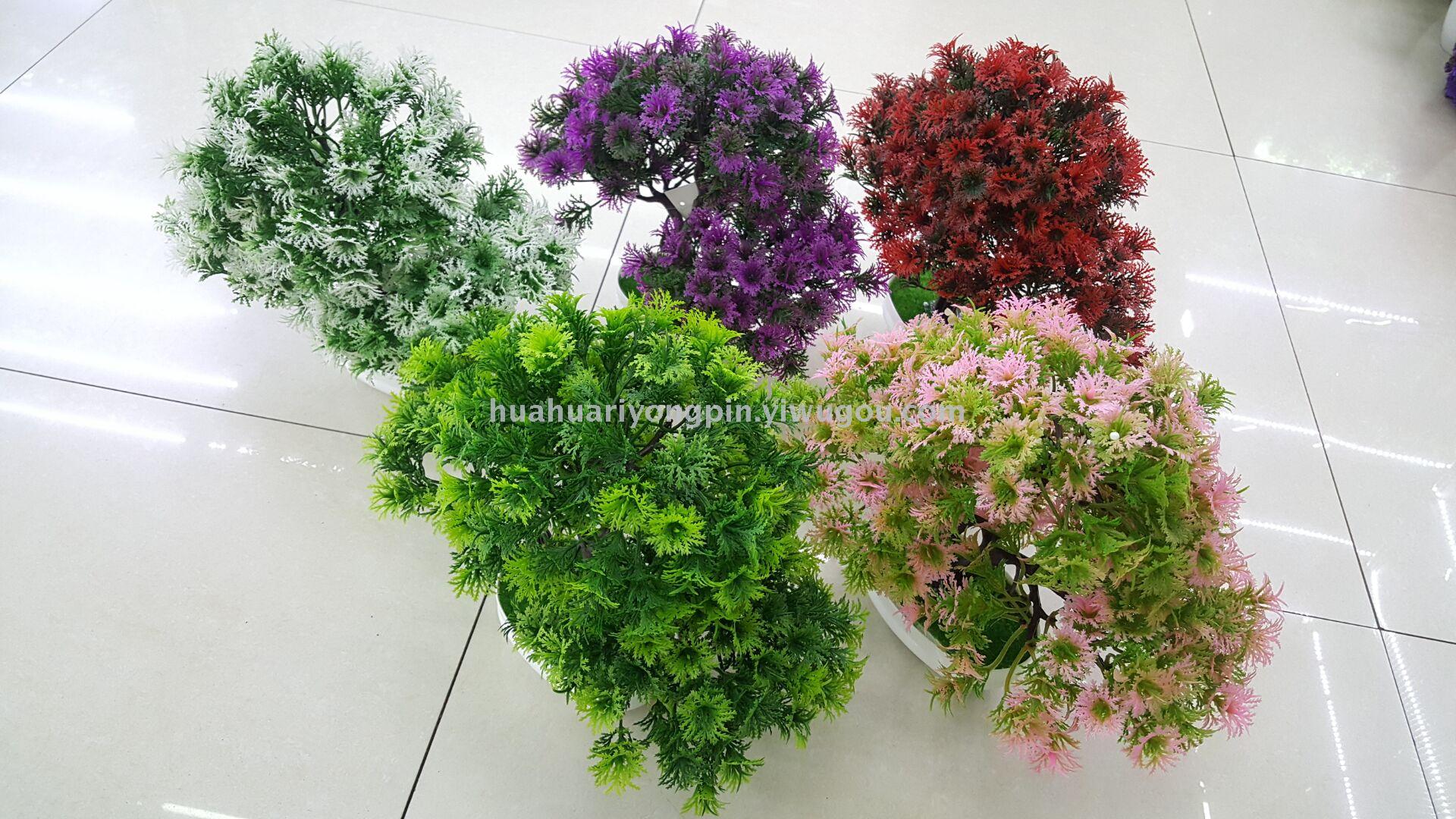 新款白色盆丝绒花三叉树仿真花塑料花盆景植物观赏物