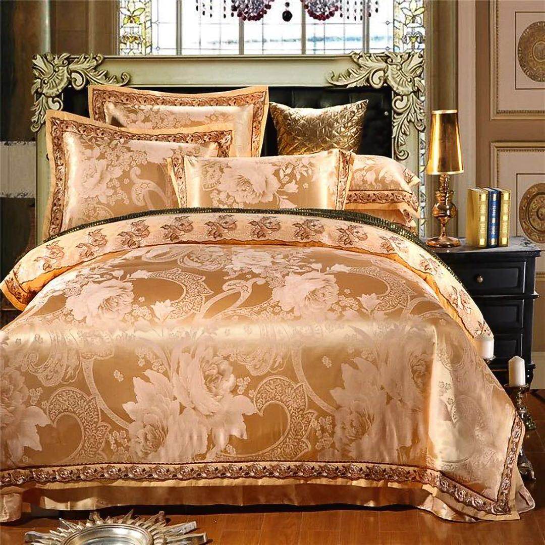 Yiwu snow pigeon home textile new lace hemp Sergong satin jacquard four-piece set - fashion beauty gold