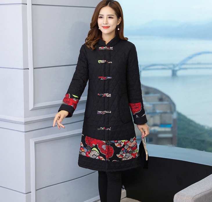 Middle-aged and elderly women's mid-length cotton-padded clothes, large-sized warm cotton-padded jackets and coats