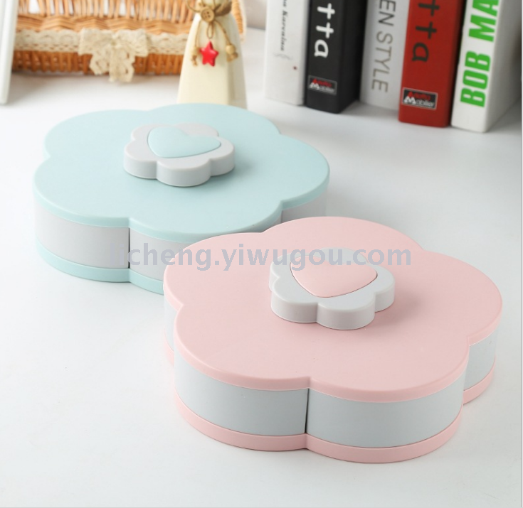 Creative rotating fashionable dried fruit box with compartments and LIDS, living room candy box, sunflower seed and dried fruit plate basket Application Scenario