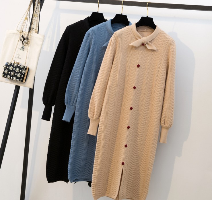 Korean-style large-sized Western-style knitted fashionable loose mid-length sweater that reaches the knee, loose and youthful dress
