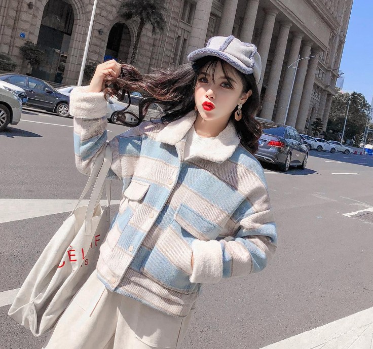 New loose checkered thickened windbreaker, short and versatile woolen coat for petite people