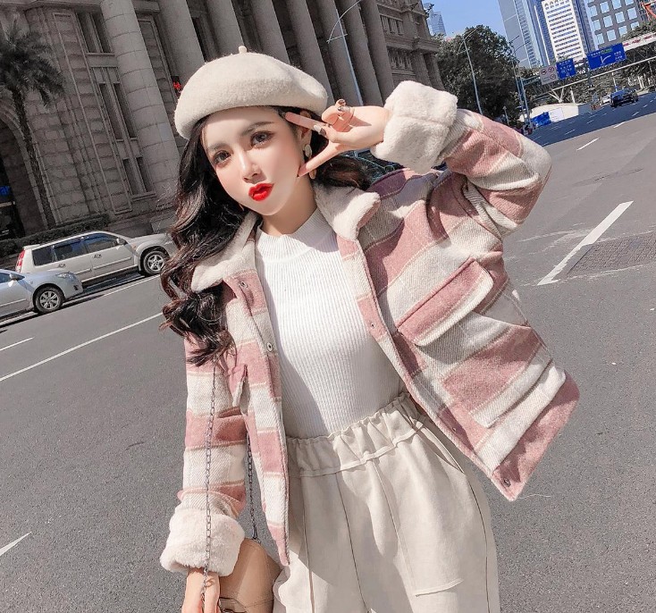 New loose checkered thickened windbreaker, short and versatile woolen coat for petite people details Picture