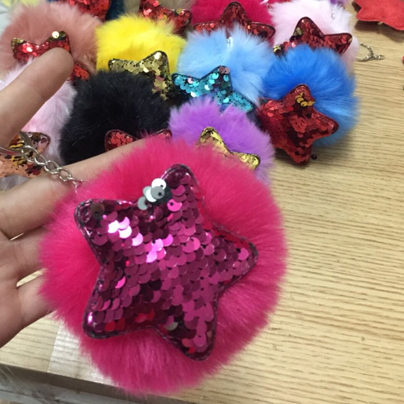 Plush toy fur ball pendant, sequined fur ball pendant, keychain details Picture