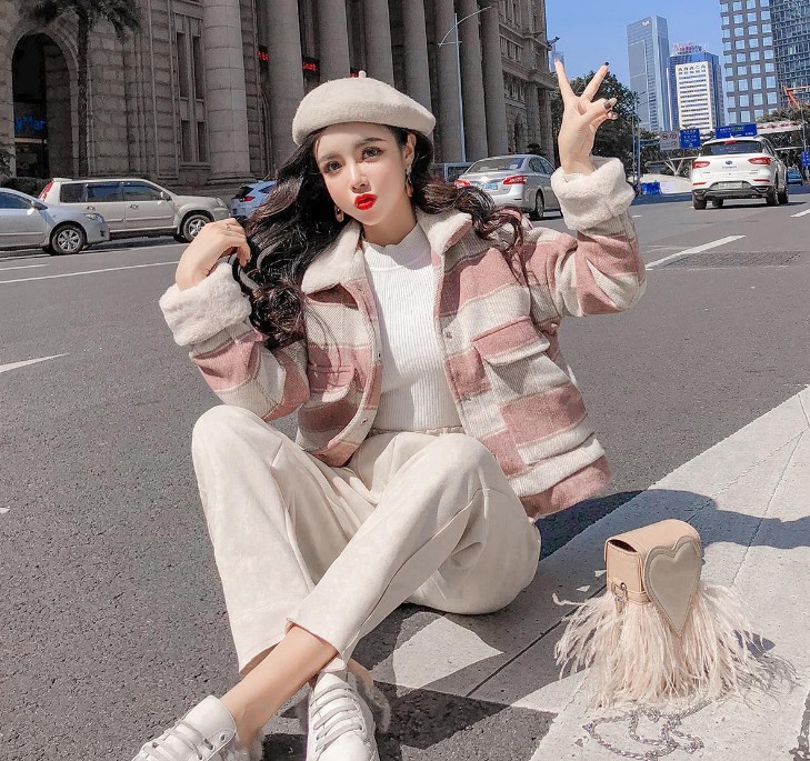 New loose checkered thickened windbreaker, short and versatile woolen coat for petite people Specification image