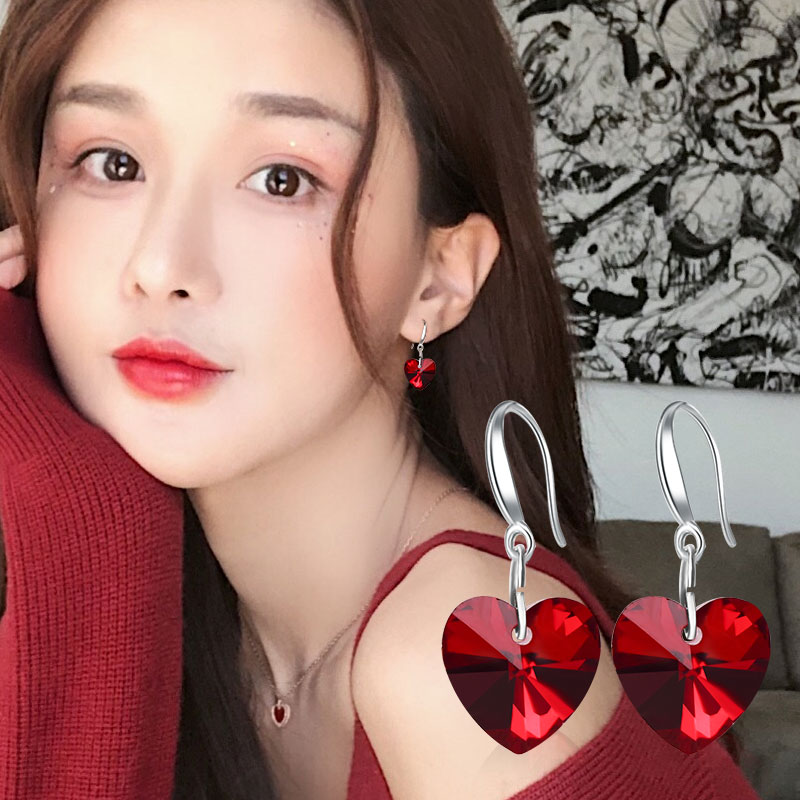 925银防过敏时尚爱心耳坠中长款百搭耳环爱心少女气质耳饰耳环