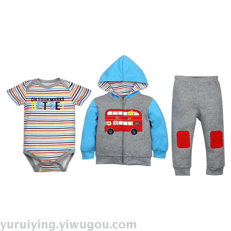 男女童长袖套装婴幼童夹克衫连帽短哈长裤3件套拉链外套+短哈长裤