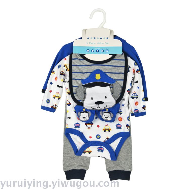 5件套长袖哈衣套装宝宝衣服印花衣服绣花衣服