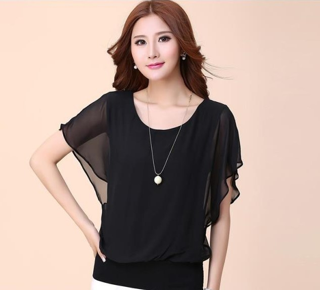 Fashionable women's short-sleeved T-shirt, plus-size women's slimming, bat-sleeved chiffon shirt, loose top, base layer