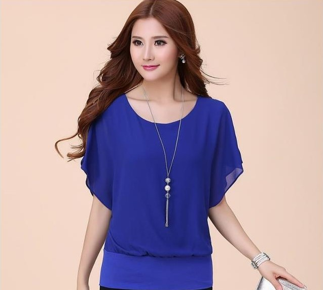 Fashionable women's short-sleeved T-shirt, plus-size women's slimming, bat-sleeved chiffon shirt, loose top, base layer Specification image