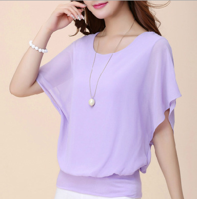 Fashionable women's short-sleeved T-shirt, plus-size women's slimming, bat-sleeved chiffon shirt, loose top, base layer details Picture