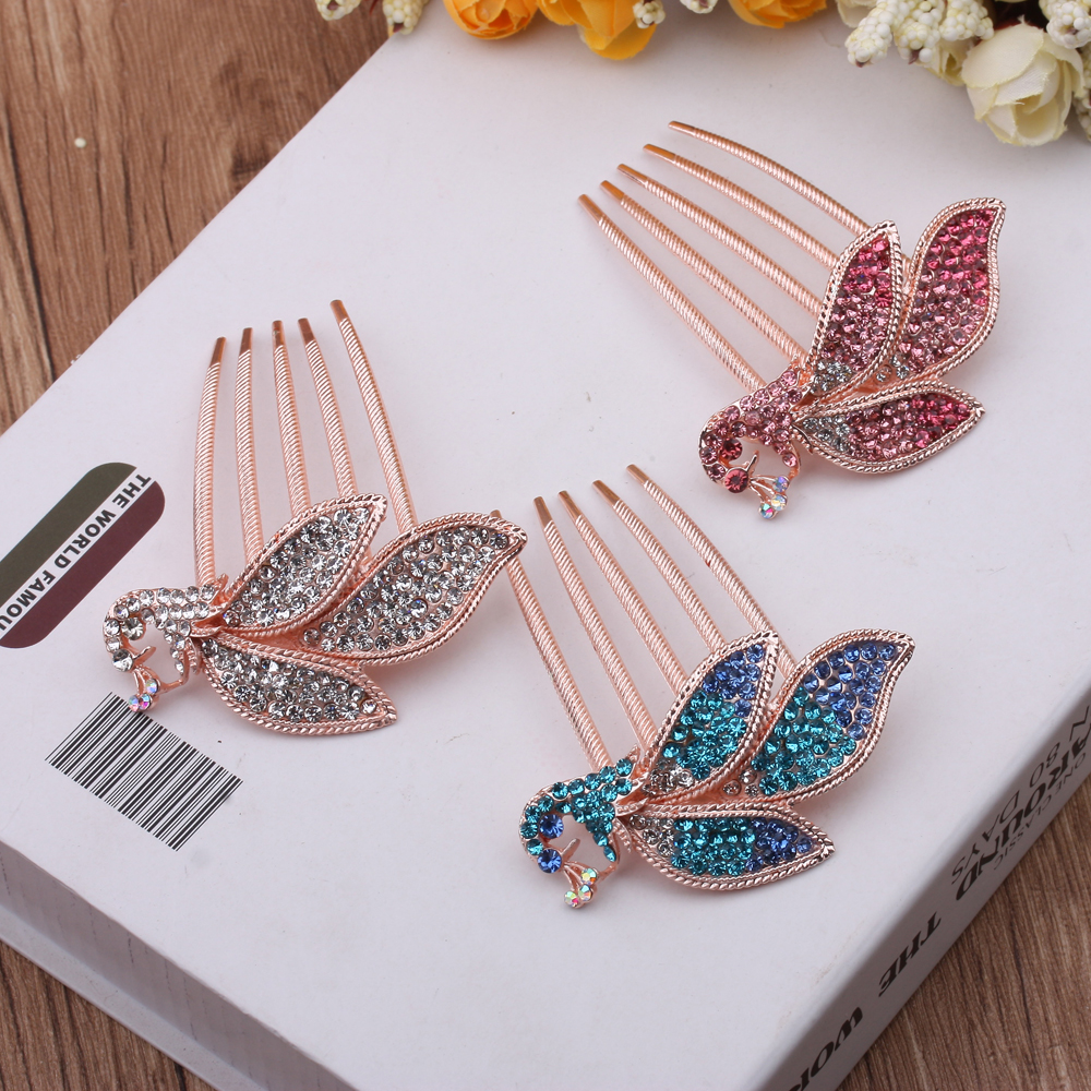 Wholesale 10-yuan jewelry items: diamond alloy four-toothed insert comb, updo, heart-shaped, large-sized insert comb, bridal hairpin fork headwear