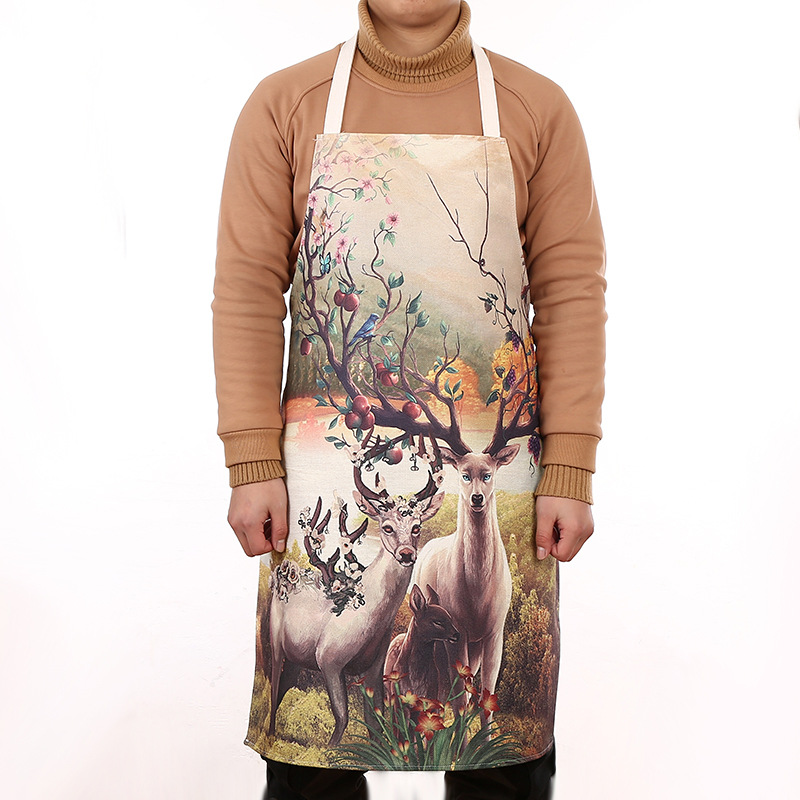 Digital printed apron Household antifouling apron thickened apron positioning printed apron Household waterproof apron thickened kitchen barbecue apron